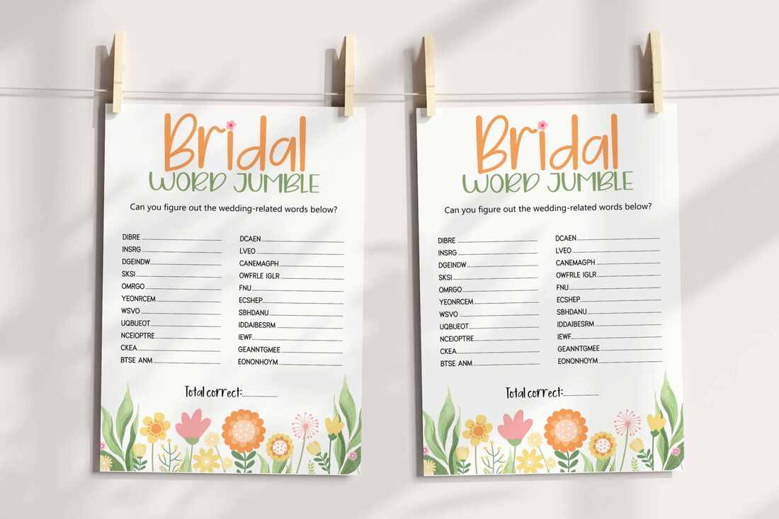 Word scramble game card featuring spring flowers