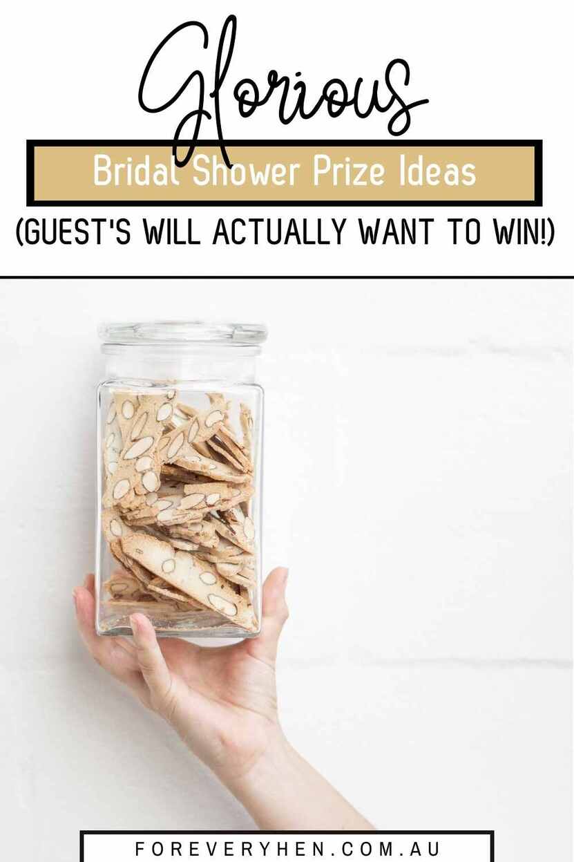 Image of a person's hand holding a jar of cookies. Text overlay: Glorious bridal shower prize ideas (that guest's will actually want to win!)