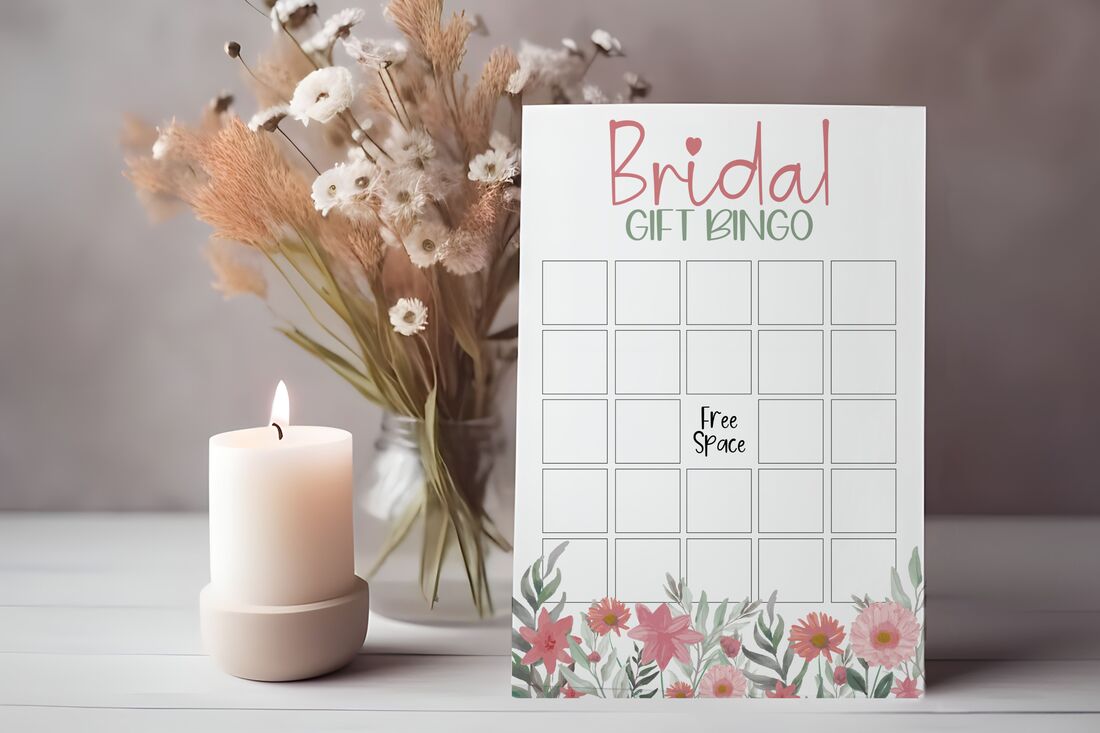 Wedding shower bridal bingo game card - pink florals theme