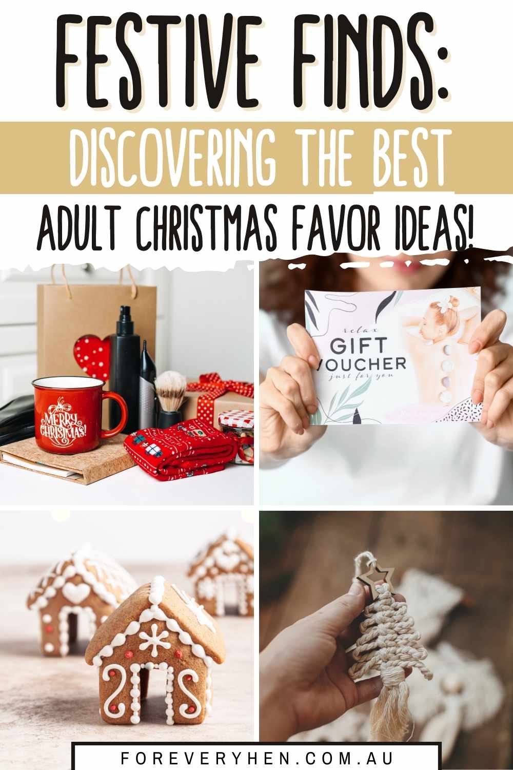 Collage of Christmas gift ideas such as gift voucher, care package and macrame. Text overlay: Festive finds - discovering the best adult Christmas party favor ideas!