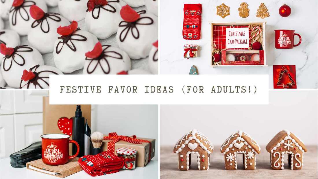 Collage of Christmas gift hampers, Christmas puddings and gingerbread houses. Text overlay: Festive favor ideas (for adults!)