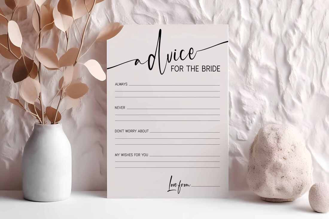 Simple Modern themed advice for the bride game cards