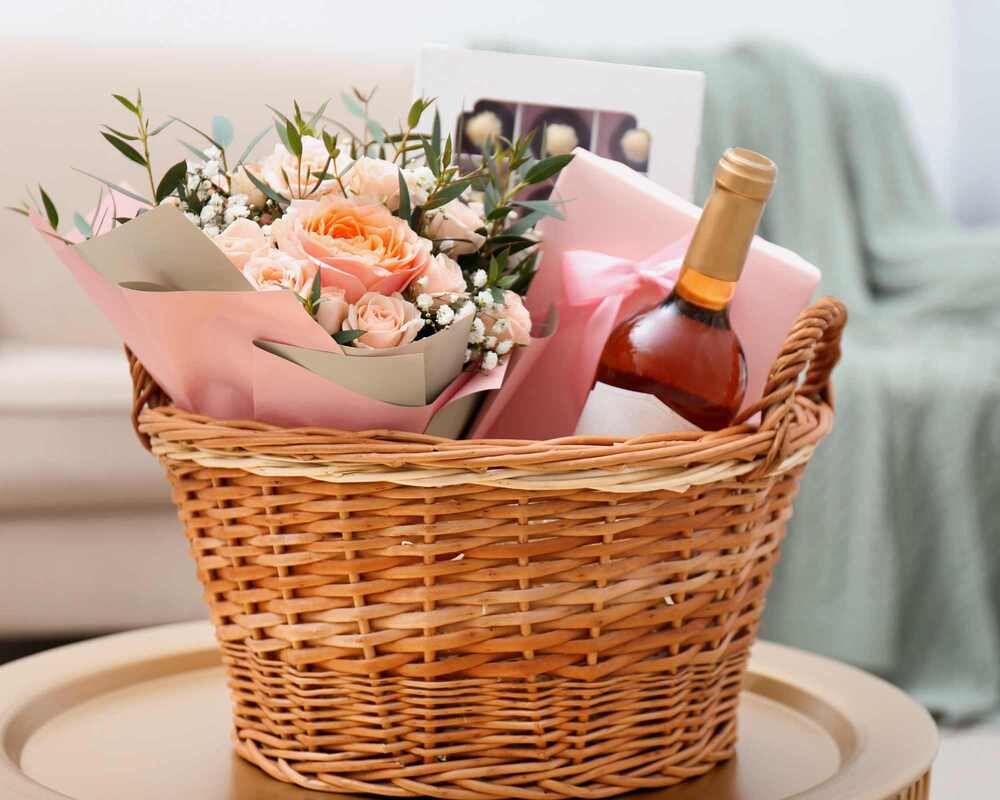 A gift basket filled with flowers, wine and chocolates