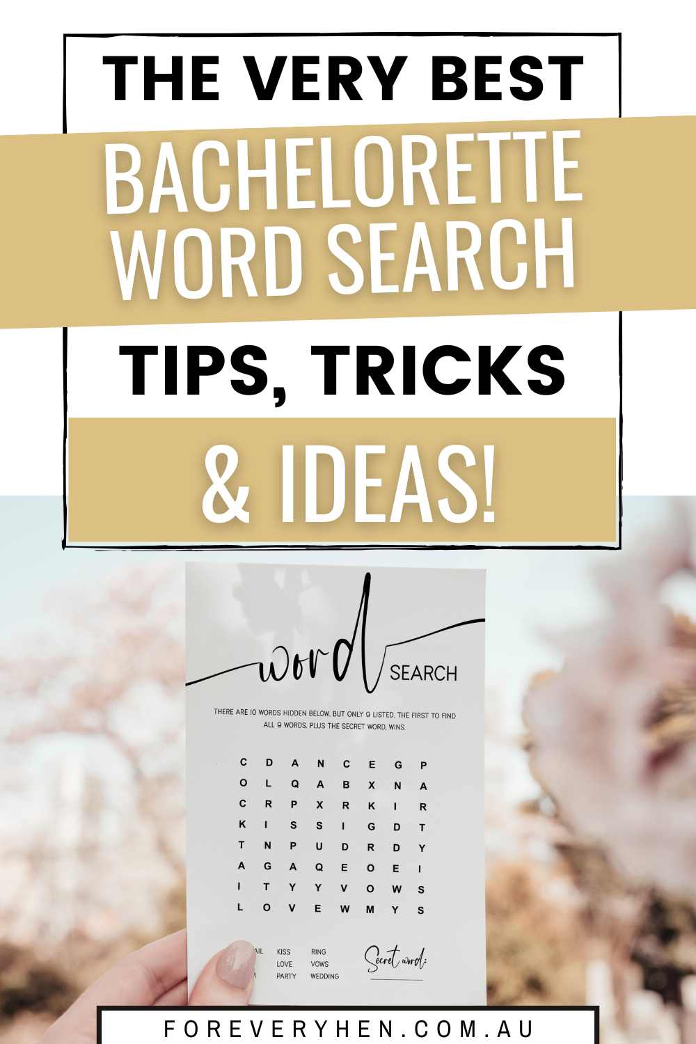 Image of a bachelorette word search. Text overlay: The very best bachelorette word search tips, tricks and ideas!