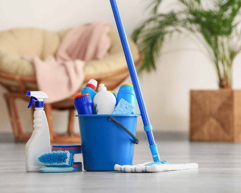 A mop, bucket, spray bottle and sponges on the floor in a lounge room