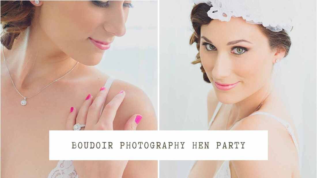 A woman posing for a photography session. Text overlay: Boudoir photography hen party