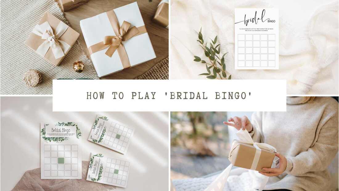 Collage of bingo game cards, gifts, and a woman opening a gift. Text overlay: How to play bridal bingo