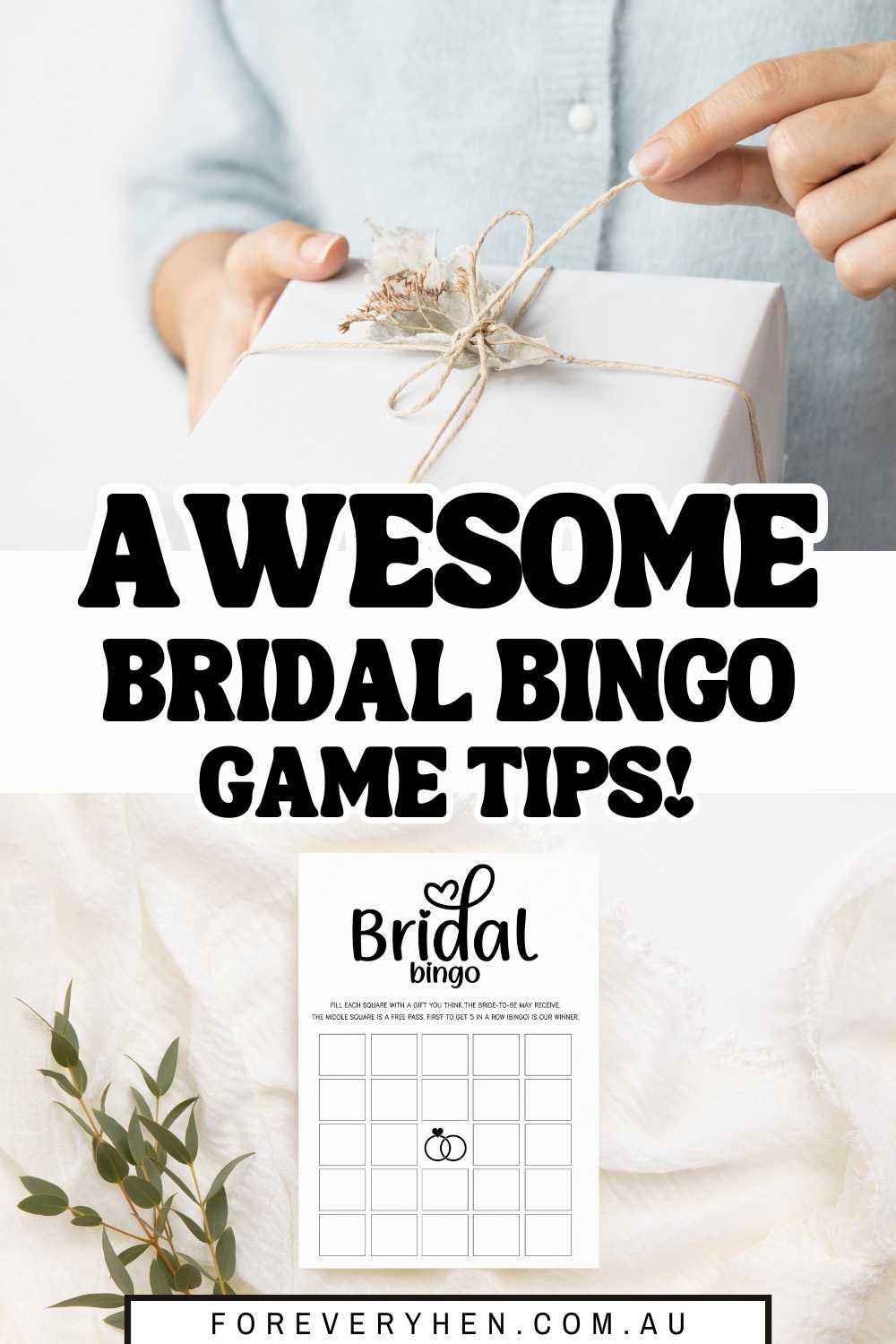 Image of a bridal bingo card lying next to some leaves. Text overlay: How to play the ultimate game of bridal shower bingo!