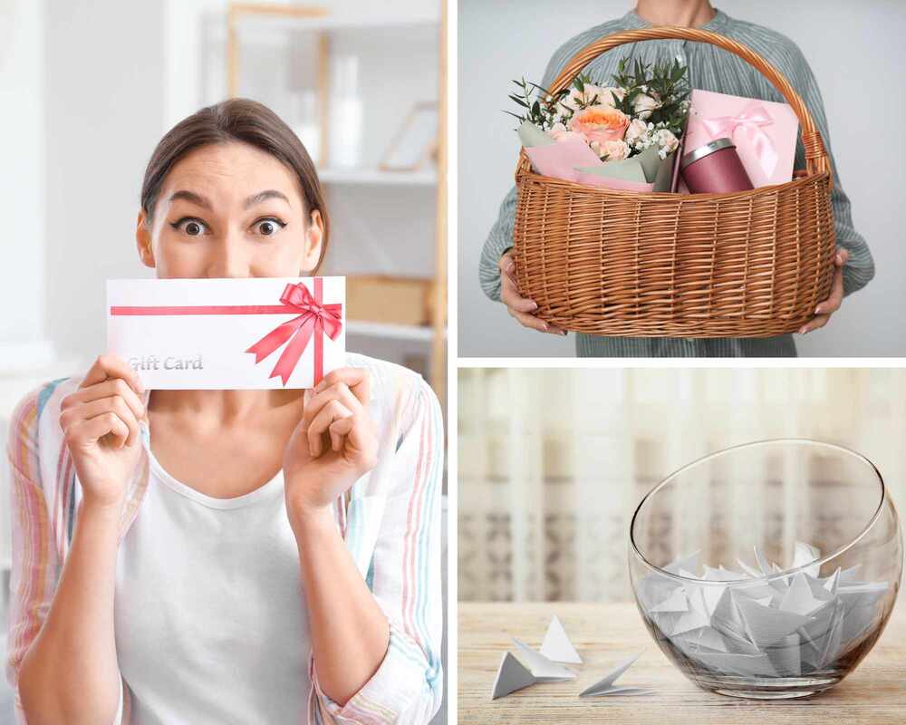 Collage of bridal shower raffle ideas (gift card, gift basket, and a bowl filled with raffle tickets)
