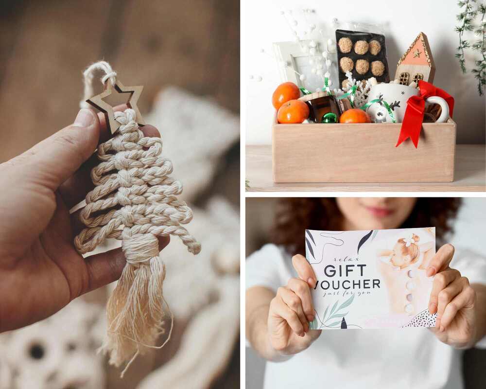 Christmas themed gift ideas for adults - macrame craft, gift vouchers, gift hamper