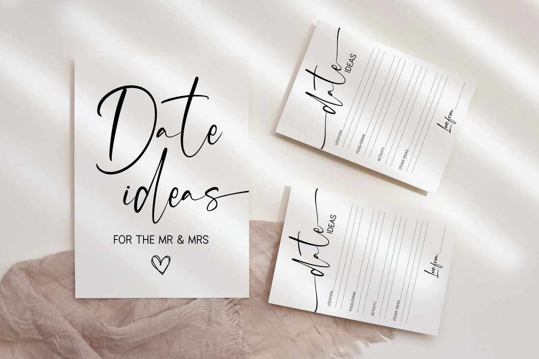 Date Ideas for the Mr & Mrs sign sitting next to two date ideas game cards