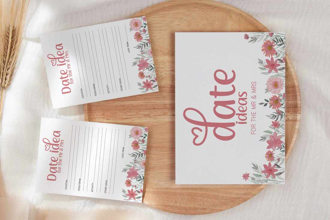 Date idea cards and sign on a bamboo plate