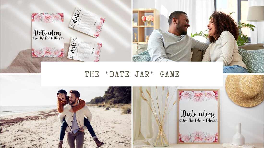 The date jar game blog - image includes date ideas game cards and sign, and two happy couples smiling 