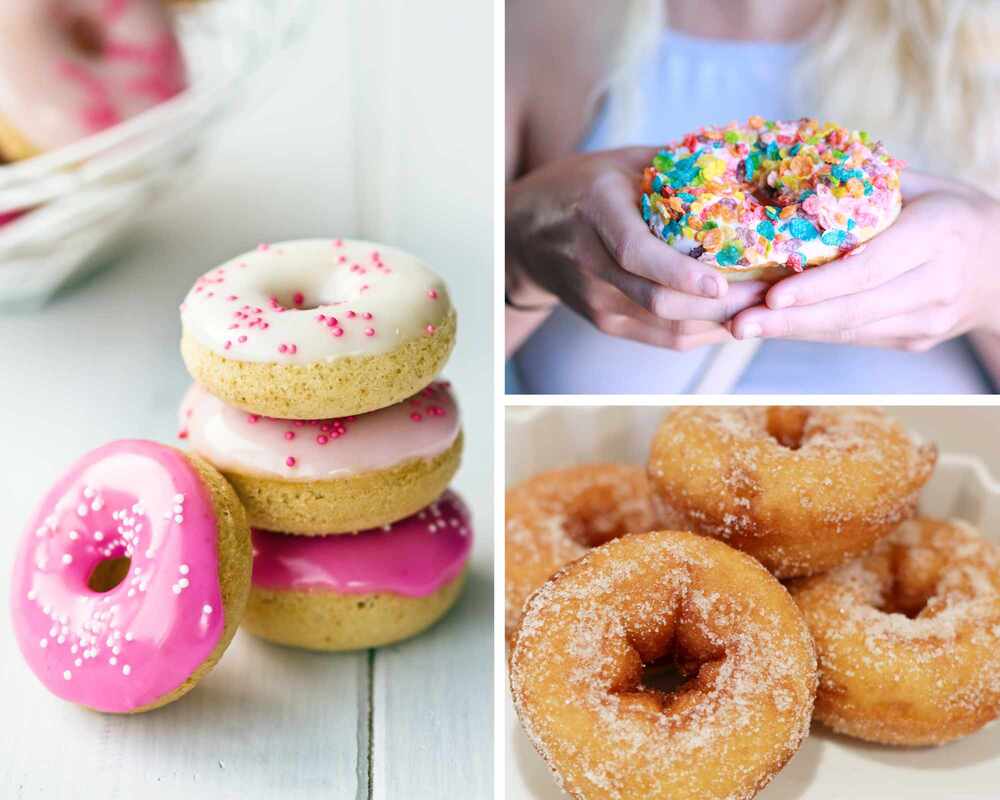 Collage of pink and white iced donuts, cinnamon donuts, and a rainbow sprinkle donut