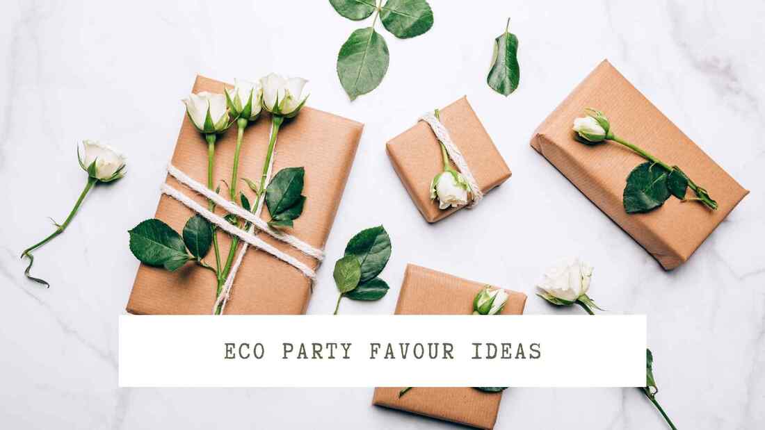 Gifts wrapped in kraft paper and decorated with flower cuttings. Text overlay: Eco party favour ideas