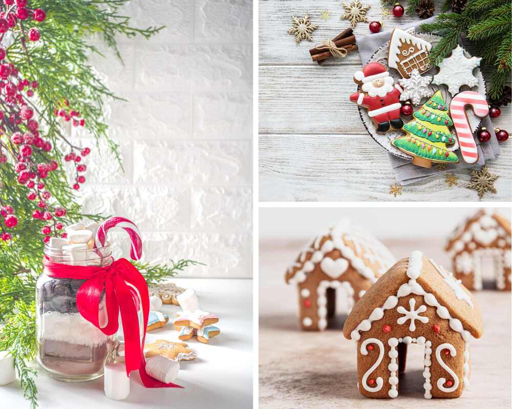 Edible Christmas favor ideas - Christmas cookies, hot chocolate mix in a jar, and mini gingerbread houses