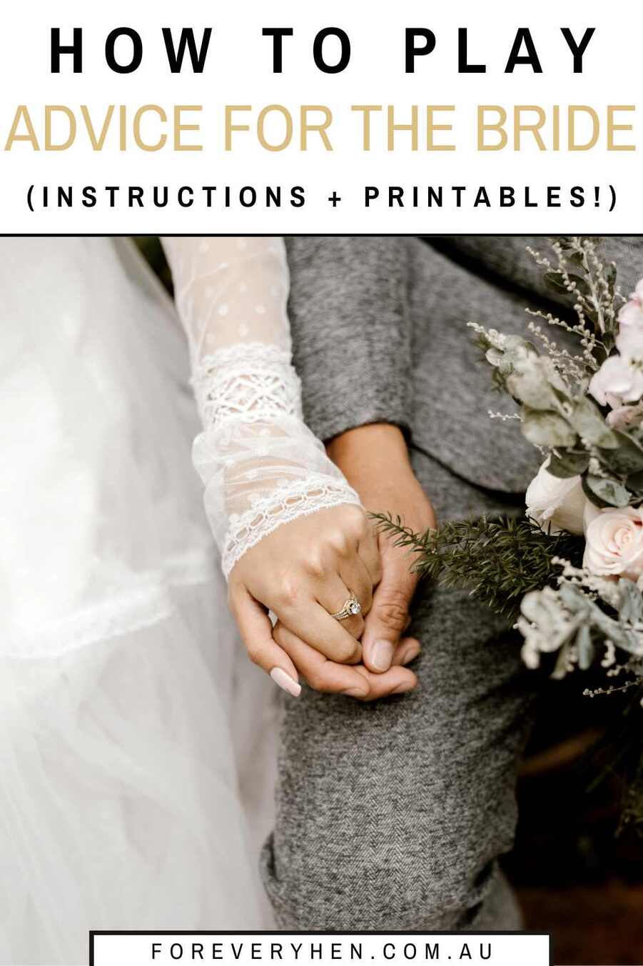 Image of a newly married couple holding hands. Text overlay: how to play advice for the bride (instructions + printables!)