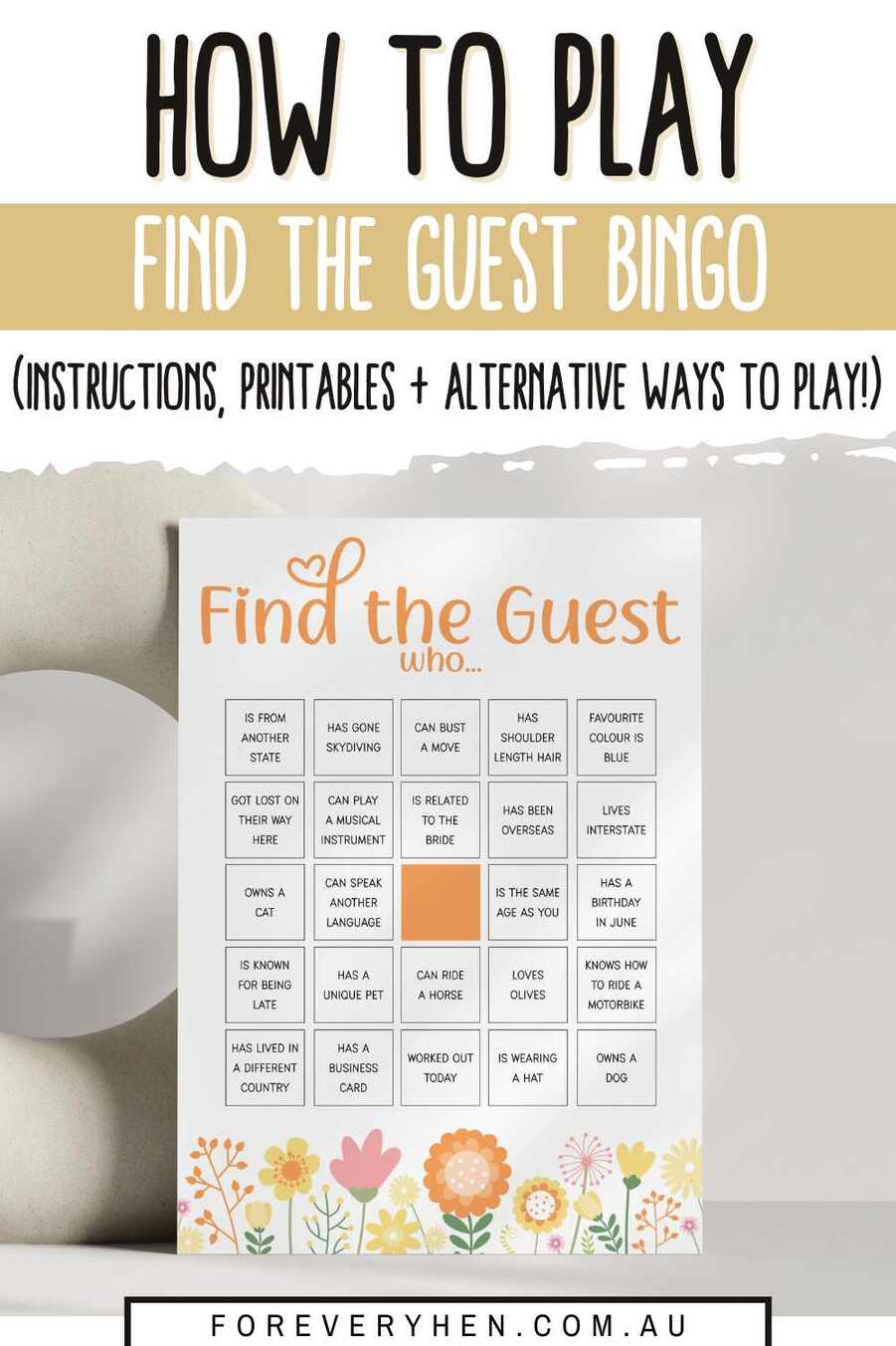 Find the guest bingo printable. Text overlay: How to play find the guest bingo (instructions, printables and alternative ways to play!)