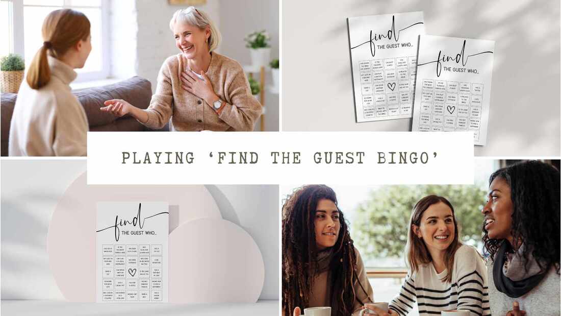 Two minimalist find the guest game cards. Text overlay: Playing 'find the guest bingo'