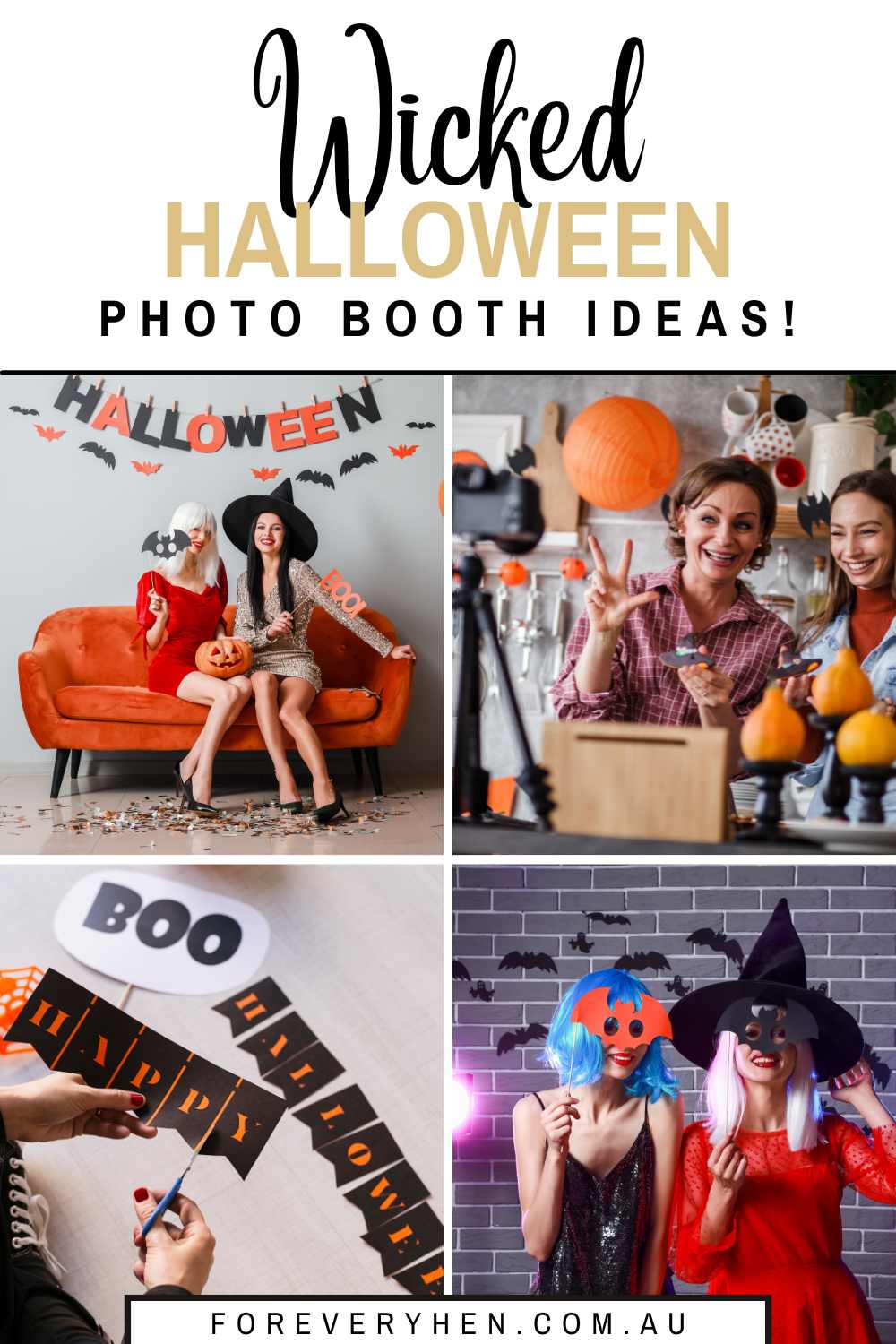 Halloween photo booth collage. Text overlay: Wicked Halloween photo booth ideas!