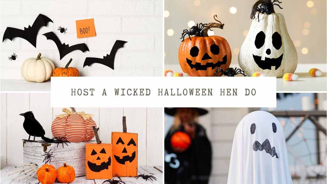 Collage of Halloween items (pumpkins, ghosts, bats). Text overlay: Host a wicked Halloween Hen Do