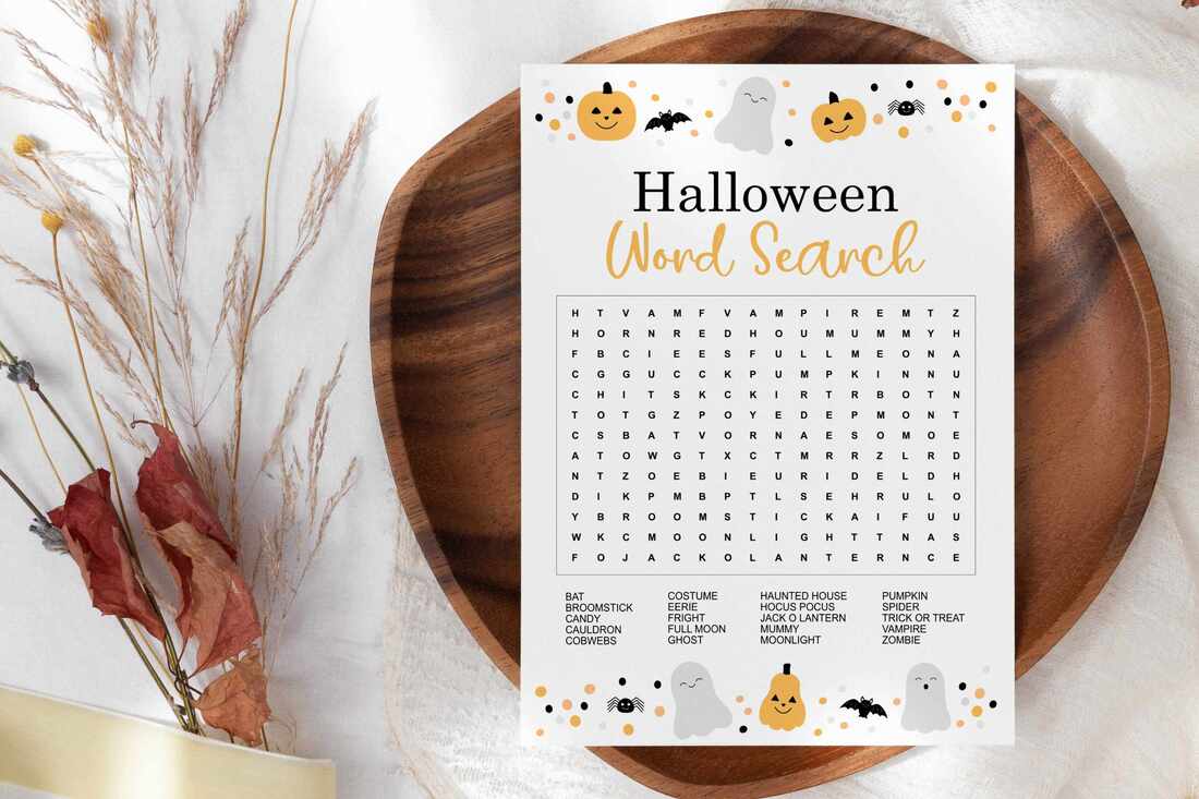 Halloween word search game card on a wooden plate