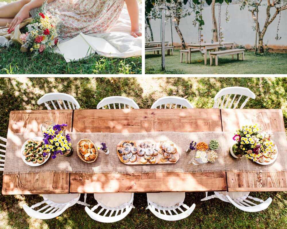 How to Host a Picnic Party - Images of picnic tables with flowers, food and table runners