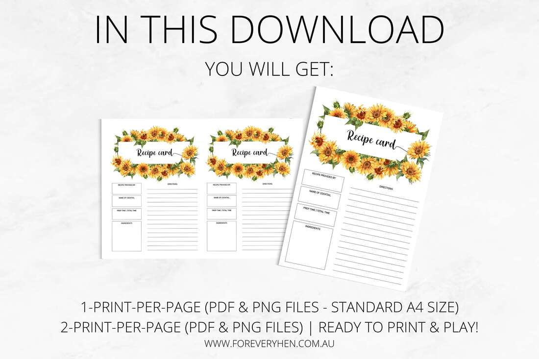 Kitchen Tea Recipe Cards - Sunflowers