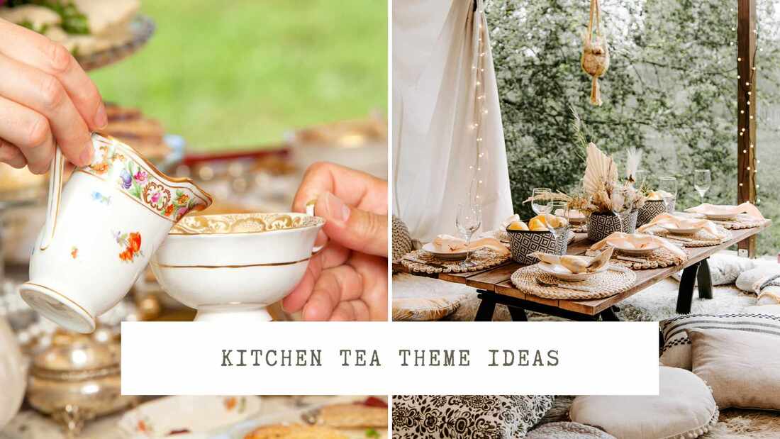 Vintage tea cups and saucers + a boho themed picnic setup. Text overlay: Kitchen tea theme ideas