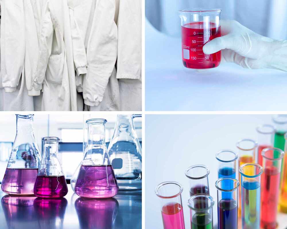 Science lab collage featuring beakers, test tubes and lab coats