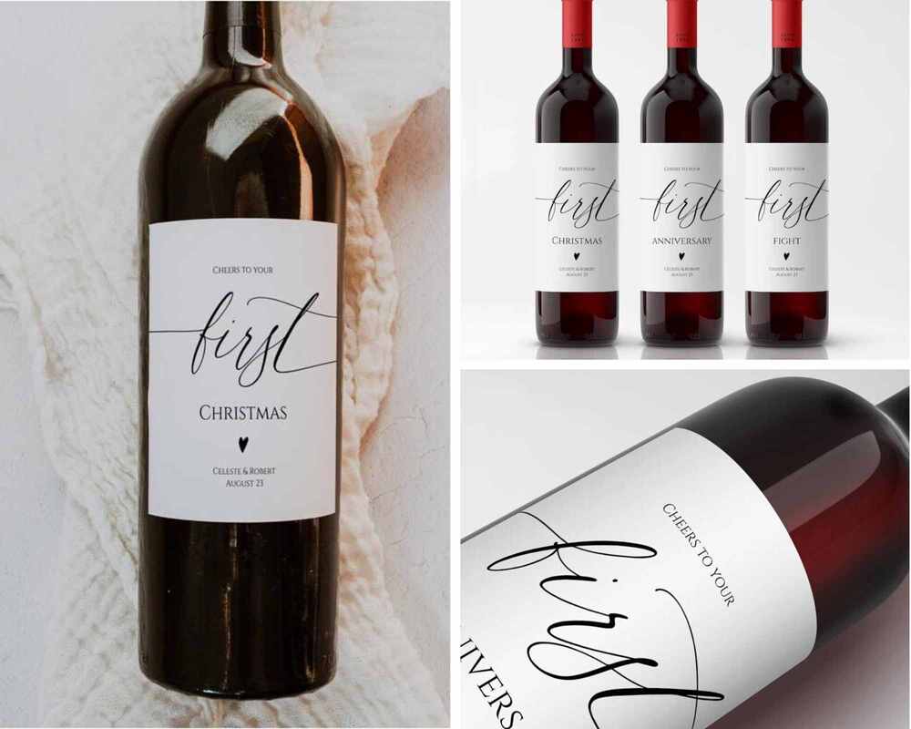 Marriage milestone wine labels on red wine bottles