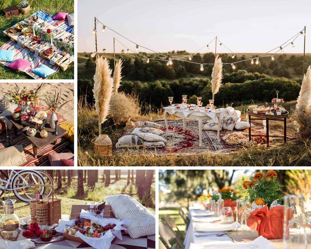 Picnic Party Ideas - collage of picnic set up ideas