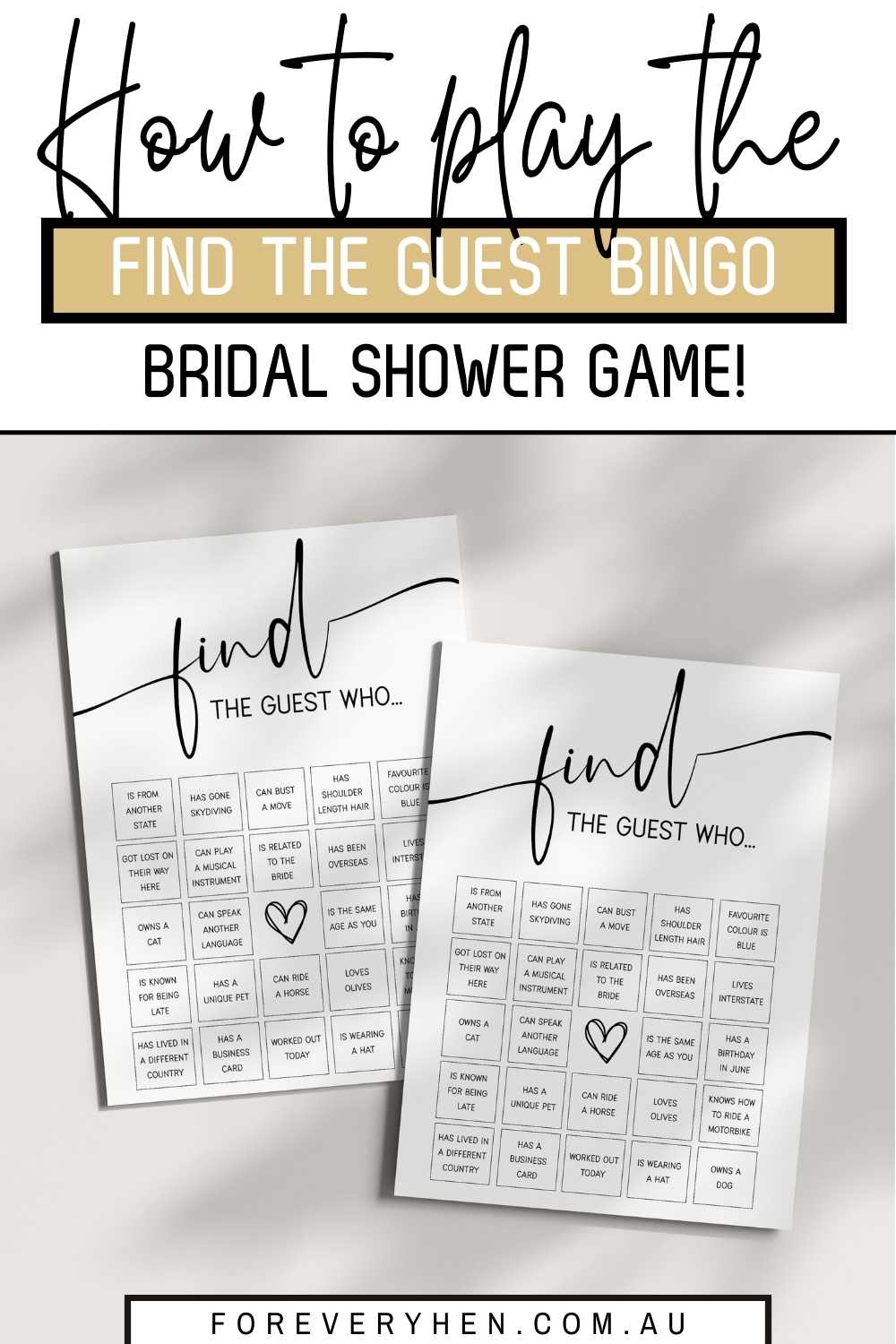 Two minimalist find the guest bingo printables. Text overlay: How to play the find the guest bingo bridal shower game!