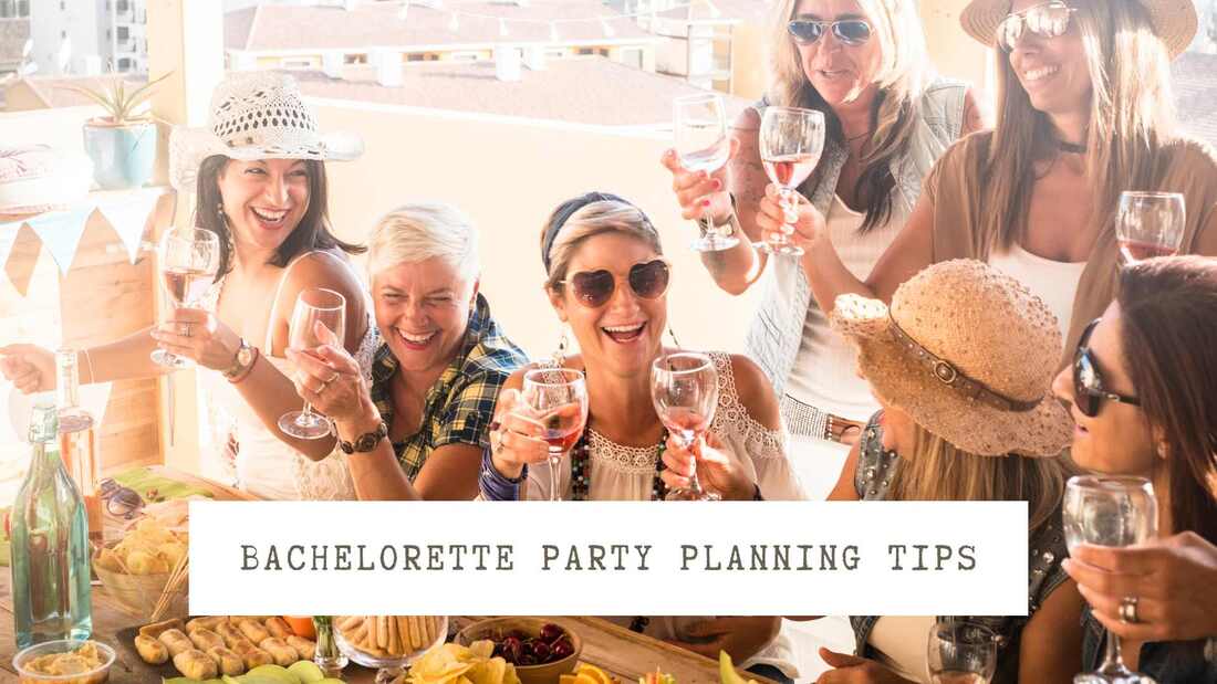 Women laughing, drinking champagne and eating food around a table. Text overlay: Bachelorette Party Planning Tips
