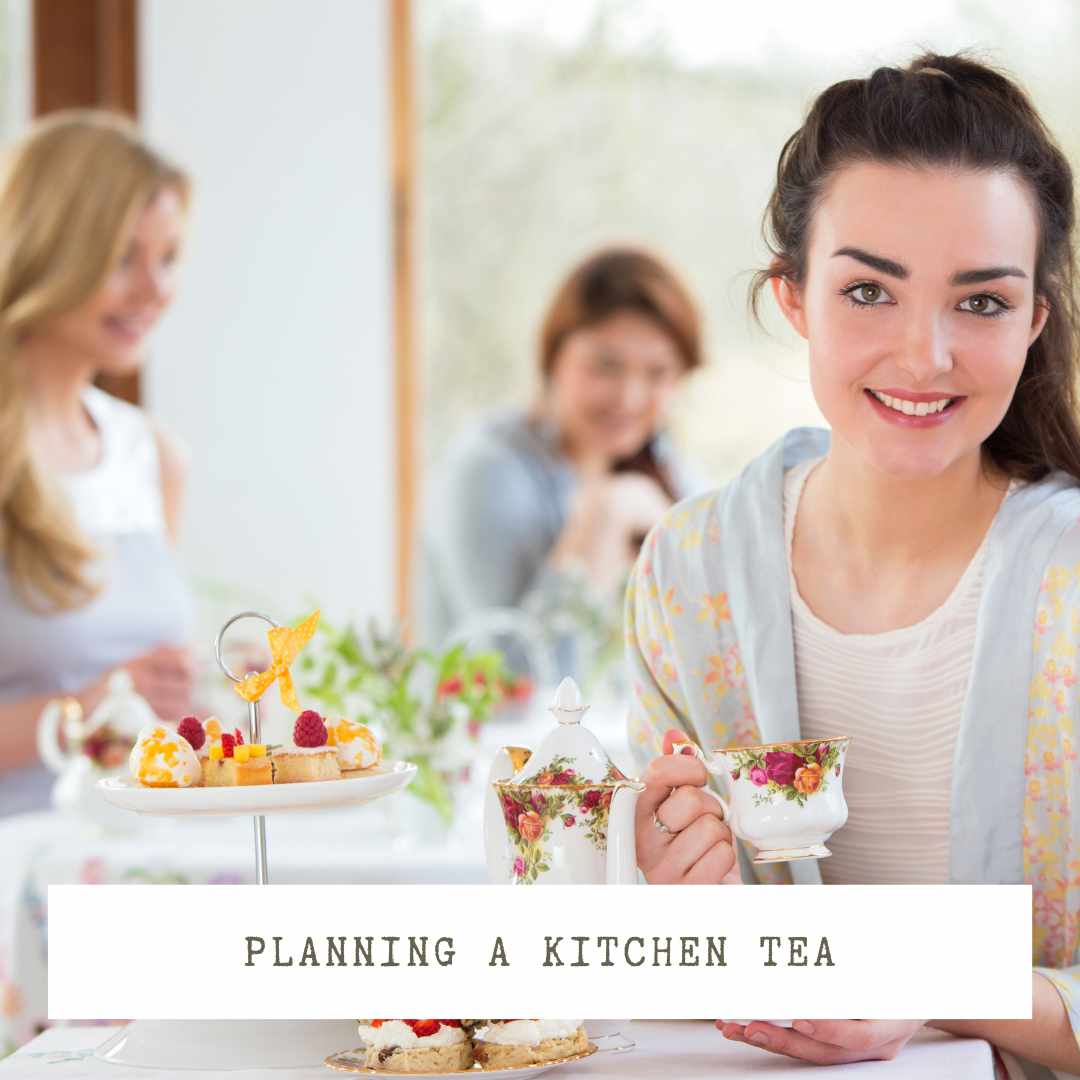 Women at a high tea. Text overlay: Planning a kitchen tea