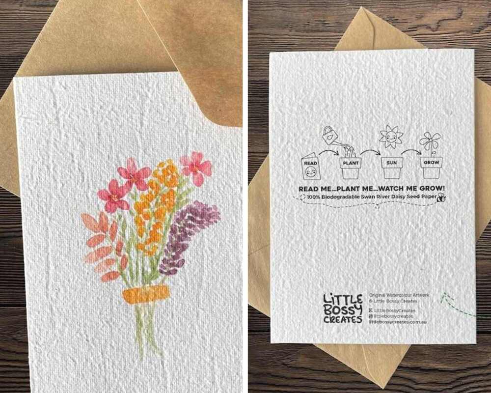 Plantable card with flowers on the front. On the back it says 'read me, plant me, watch me grow!'