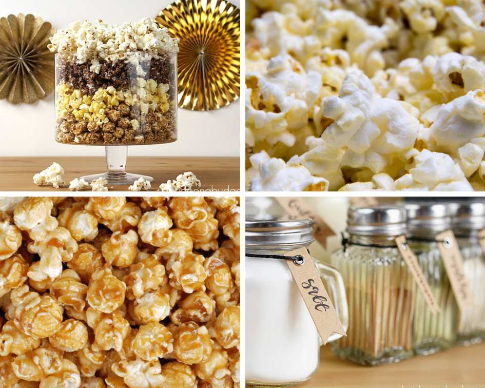 Collage of popcorn and toppings in jars