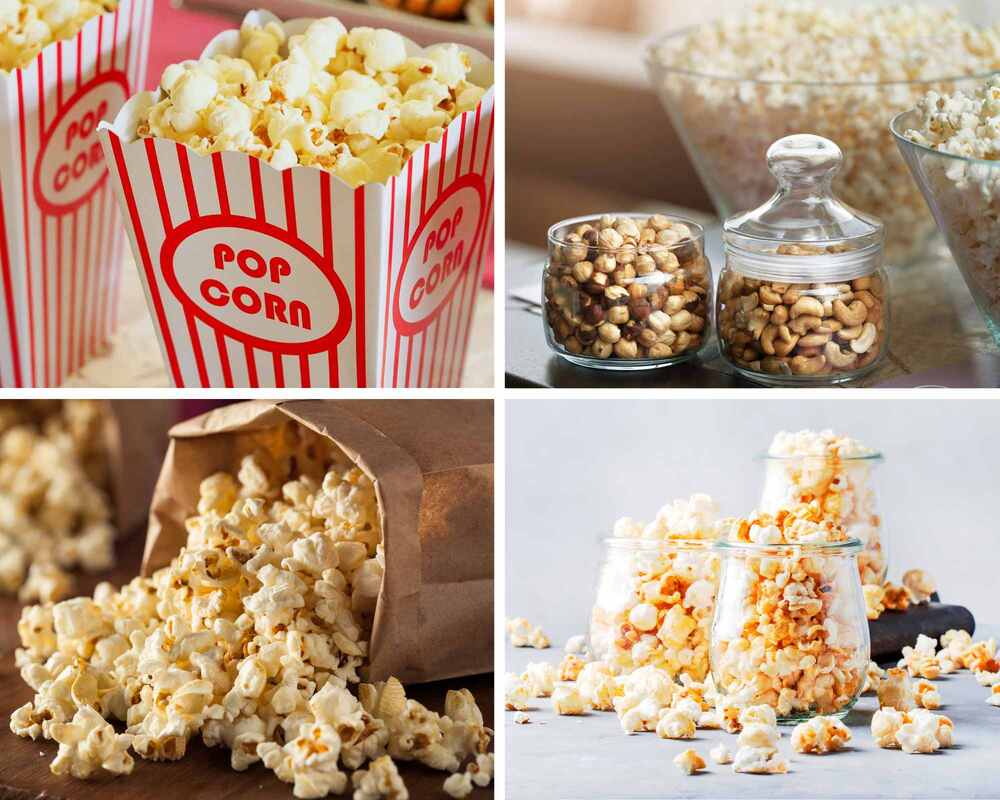 Collage of popcorn in bags, boxes and jars