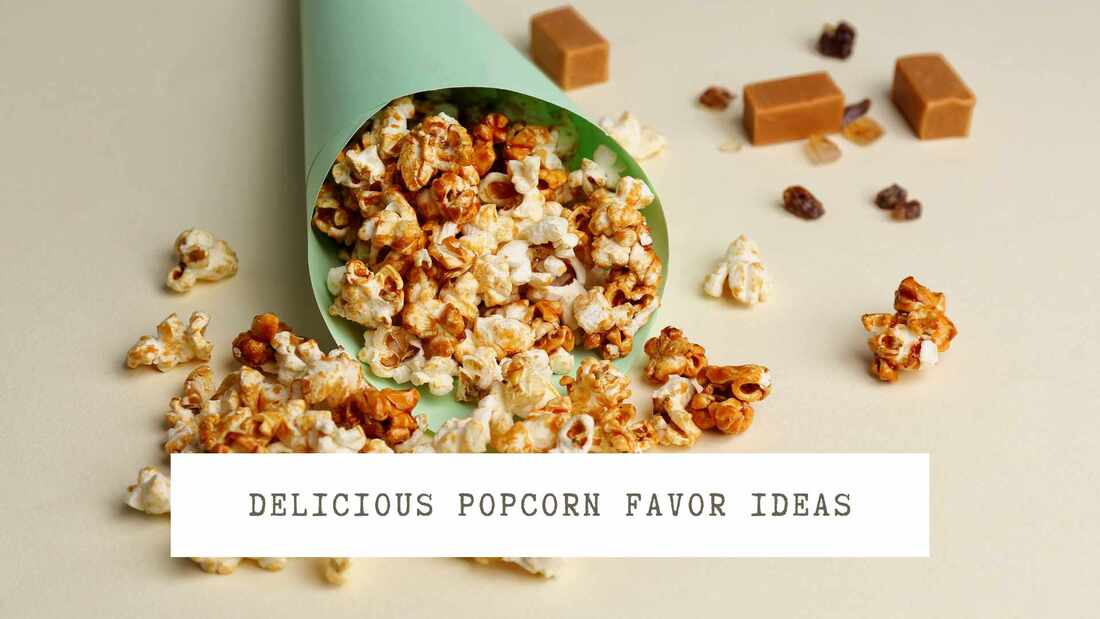 Popcorn in a cone. Text overlay: Delicious popcorn party favor ideas