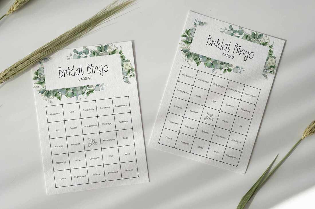Prefilled bridal bingo cards with a greenery theme