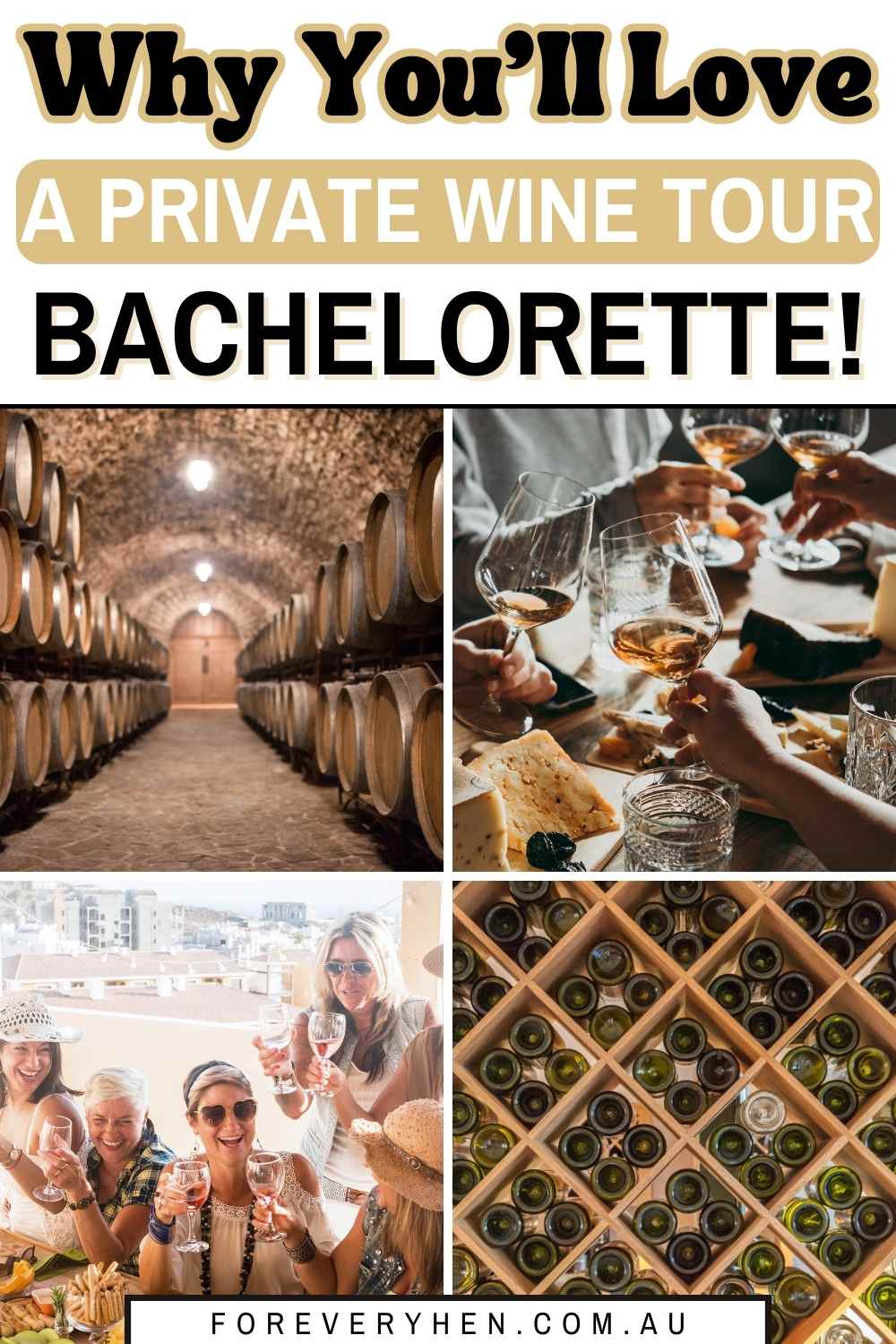 A stunning vineyard. Text overlay: Why you'll love a private wine tour bachelorette party! (Good food, good company, good vibes and good time!)