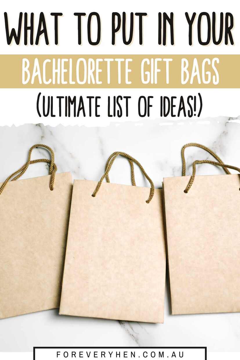 Three kraft paper gift bags lying on a marble bench. Text overlay: What to put in Bachelorette gift bags (ultimate list of ideas!)