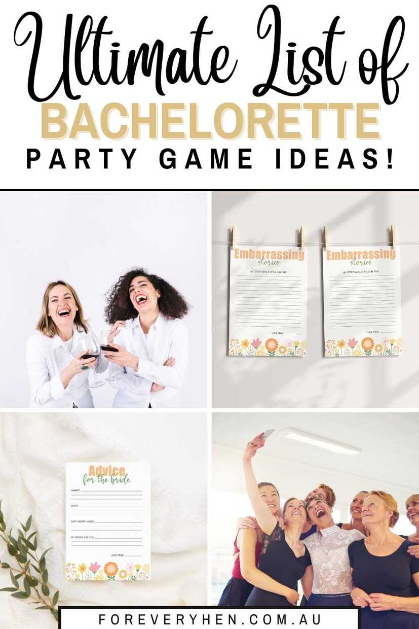 Collage of images - women laughing, bachelorette game cards. Text overlay: Ultimate list of bachelorette party game ideas!
