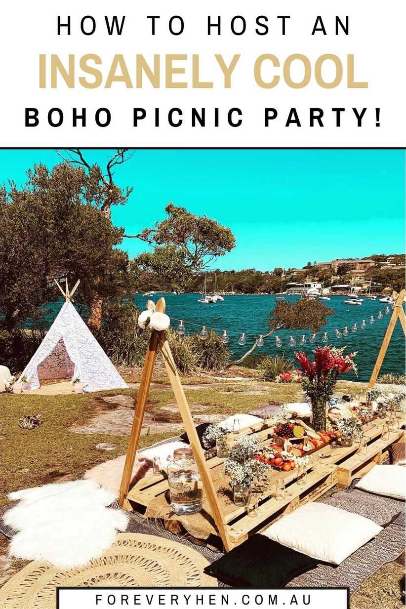 A boho picnic party set up overlooking the ocean. Text overlay: How to host an insanely cool boho picnic party!