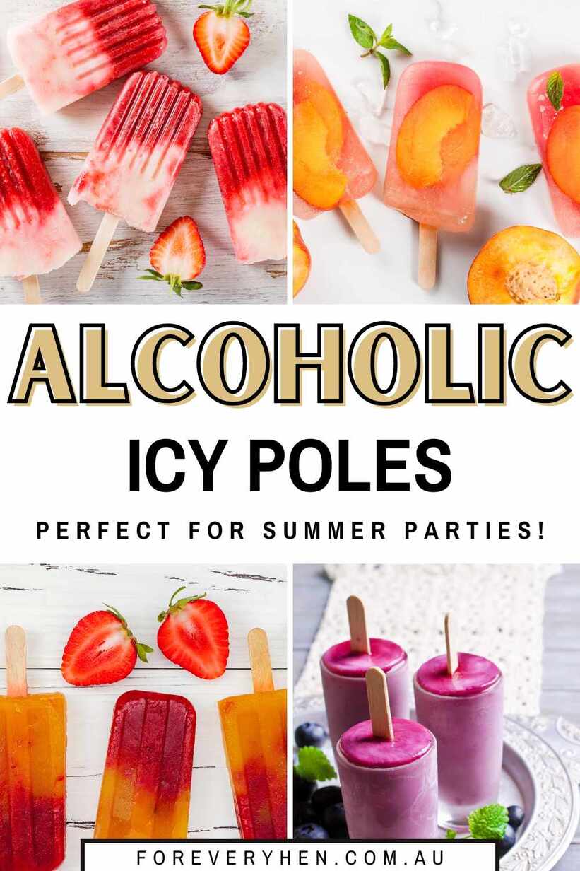 Collage of different alcoholic icy poles. Text overlay: Alcoholic Icy Poles perfect for summer parties!