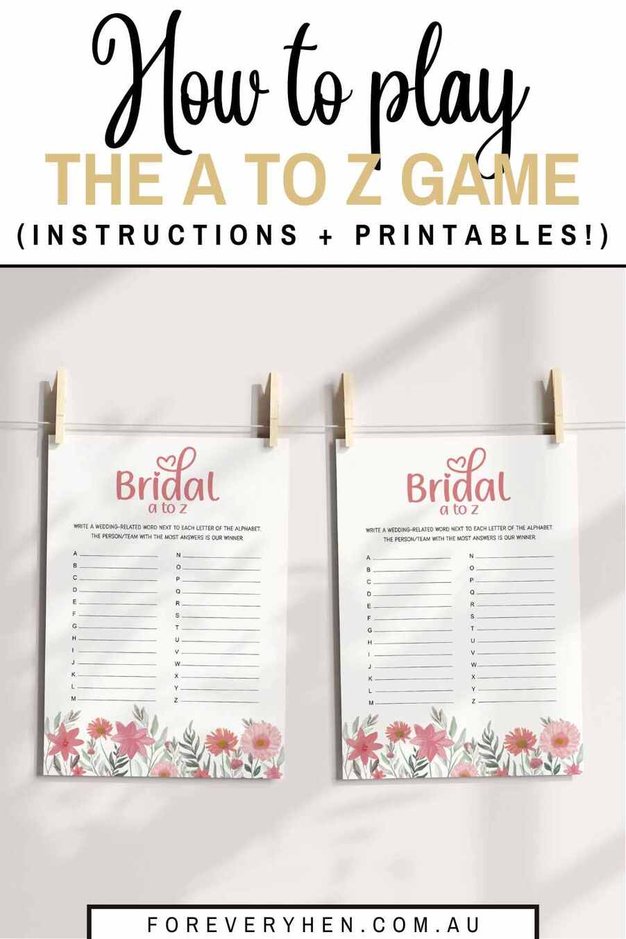 A person's hand holding a 'bridal a to z' game card up. There are spring flowers and trees in the background. Text overlay: How to play the a to z game (instructions + printables!)