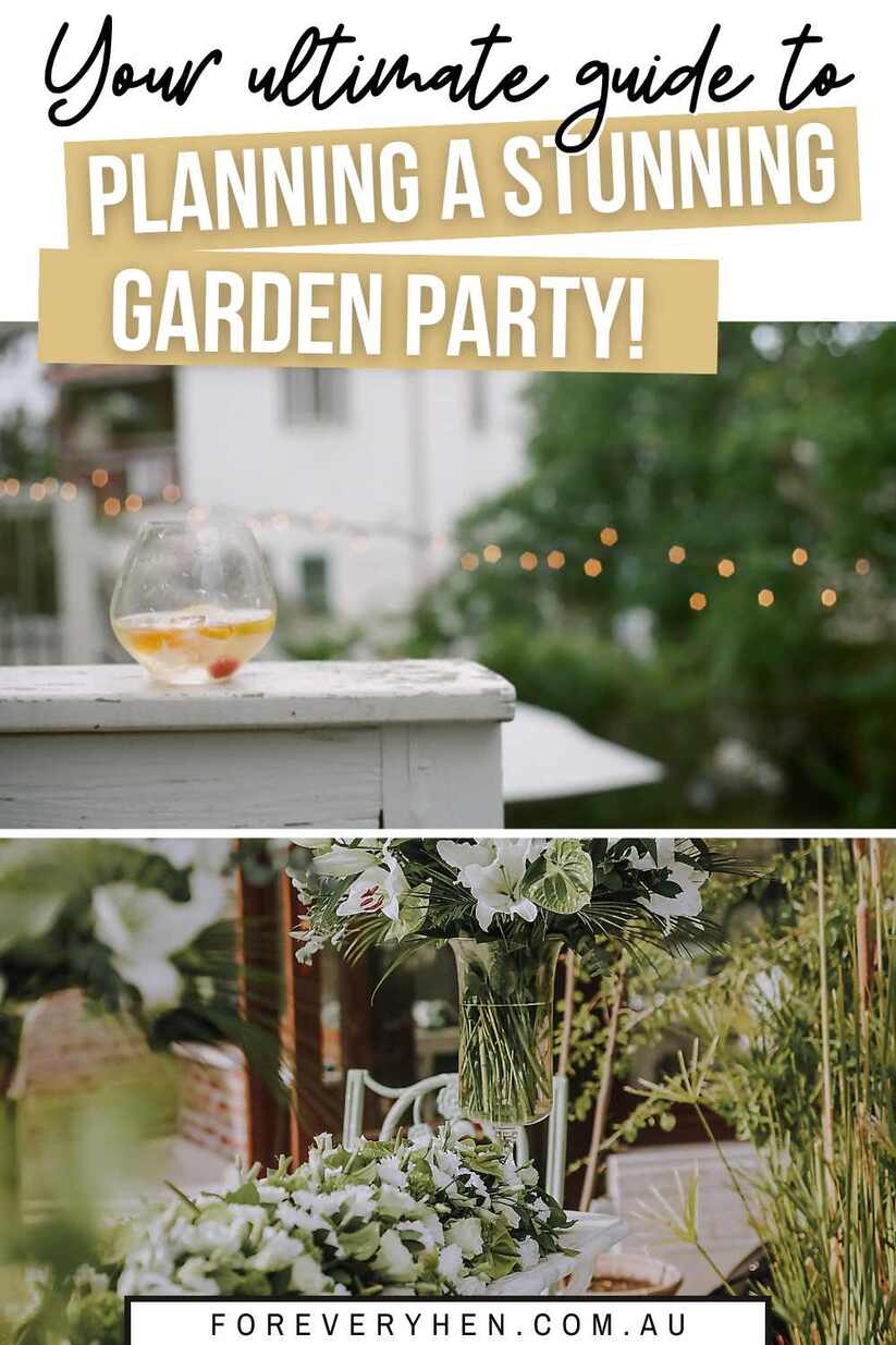 A table with flowers, and a table with punch outside. Text overlay: Your ultimate guide to planning a stunning garden party!