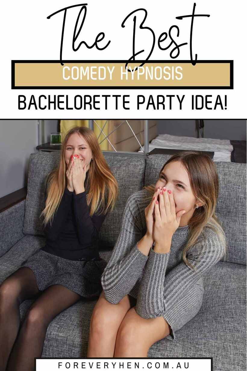 Two women on a couch laughing. Text overlay: The best comedy hypnosis Bachelorette party idea!