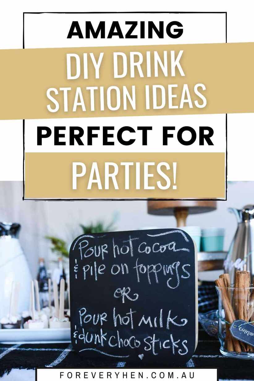Image of a hot chocolate bar featuring a sign that says 'pour hot cocoa & pile on toppings'. Text overlay: Amazing DIY Drink Station Ideas Perfect for Parties