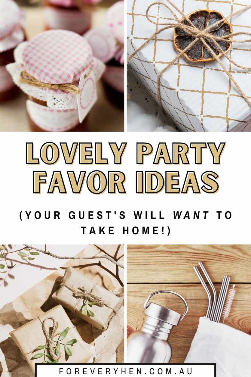 Collage of eco gifts, jam and reusable straws. Text overlay: Lovely party favor ideas (your guests will want to take home!)